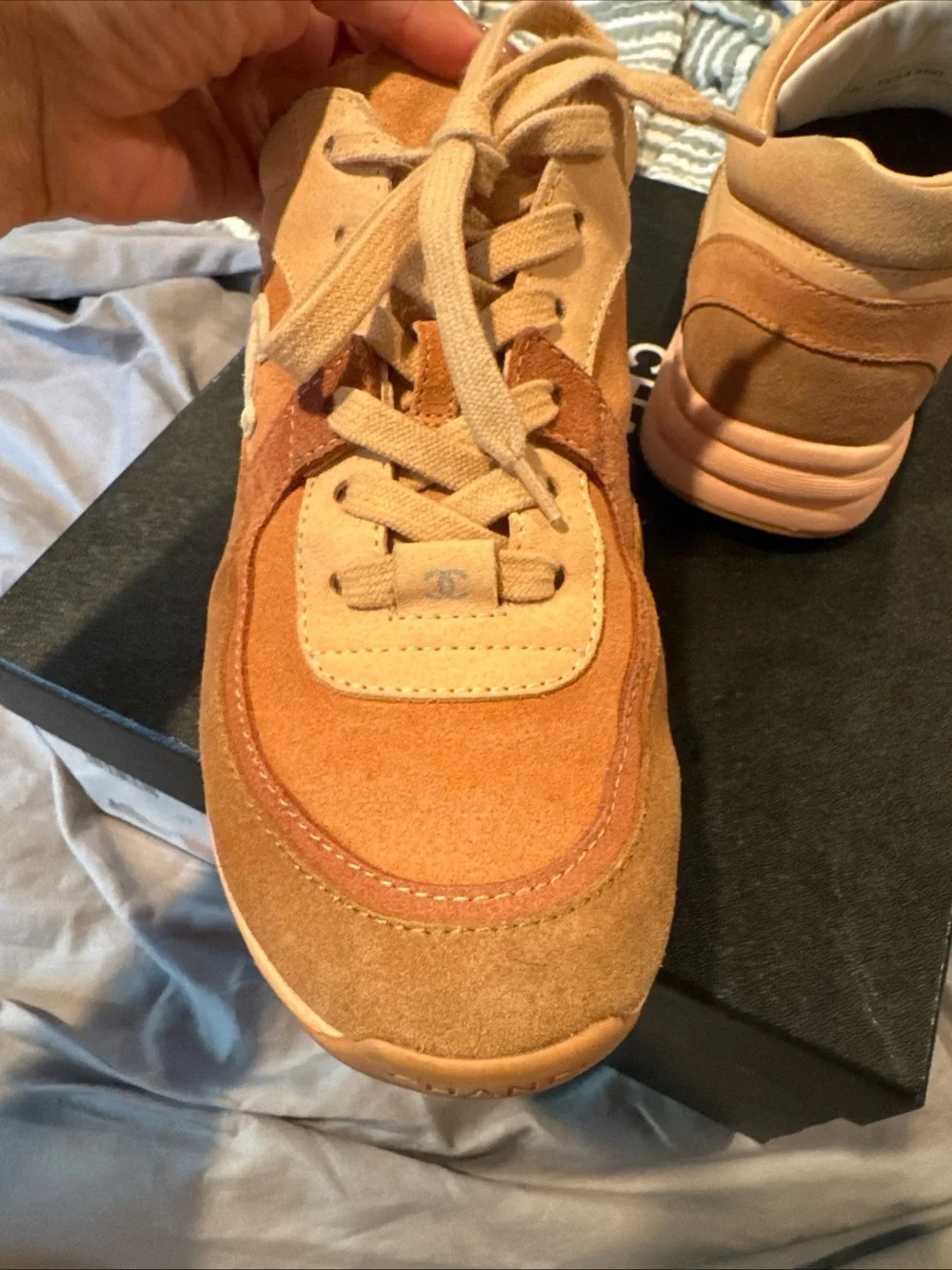 CHANEL Pink & Beige Suede Sneakers